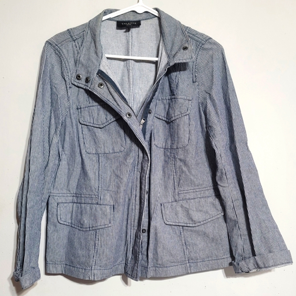 Talbots Women's Blue Pinstripe‎ Utility Jacket 14P Petites